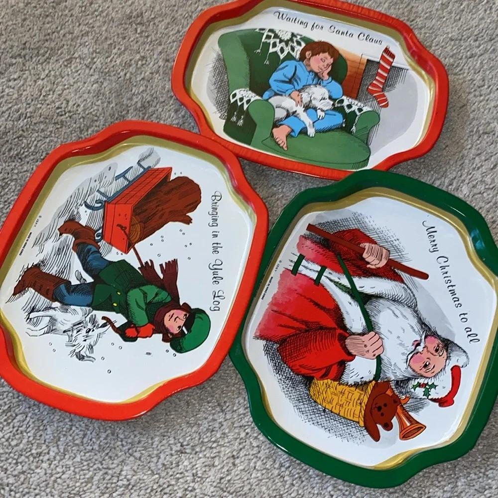Vintage JSNY Christmas Metal Cookie Snack Tray Set ‎ Hong Kong Made (3)